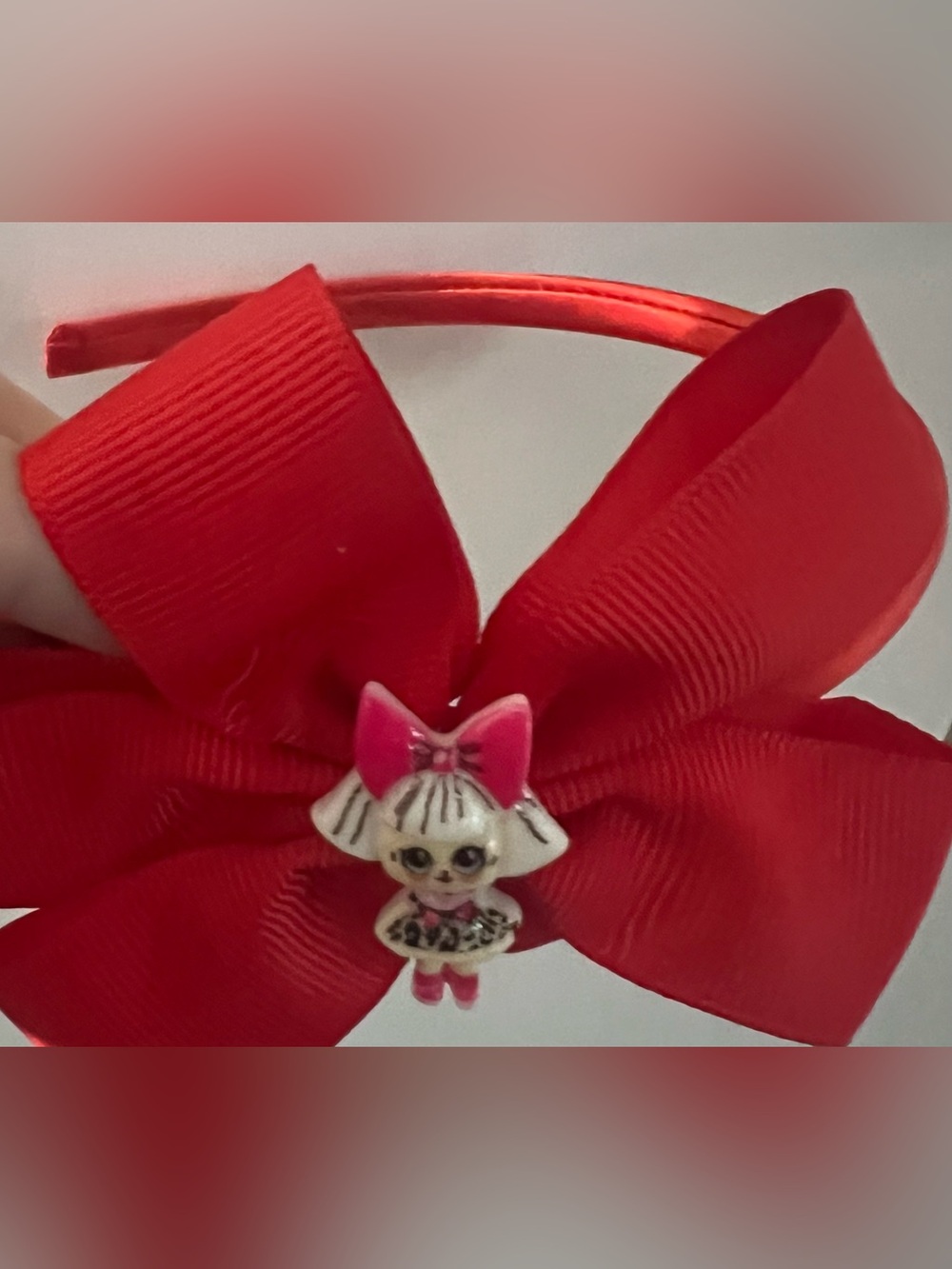 Girls Red Bow Headband with Pink Doll Charm